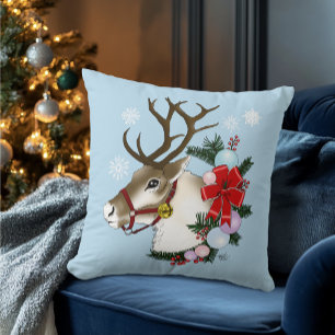 Festlicher blauer Weihnachts-Rentier-Kranz  Kissen