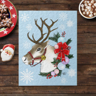 Festlicher blauer Weihnachts-Rentier-Kranz Puzzle