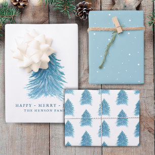 Festlicher blauer Weihnachtsbaum Wasserfarbe Urlau Geschenkpapier Set