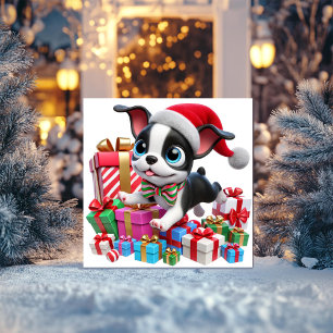 Festlicher Boston Terrier mit Geschenken Feiertagskarte
