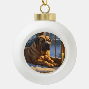 Festlicher Bullmastiff mit Weihnachtsbeleuchtung U Keramik Kugel-Ornament