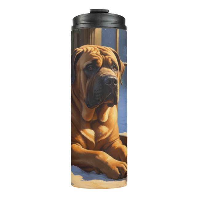 Festlicher Bullmastiff mit Weihnachtsbeleuchtung U Thermosbecher (Vorderseite)