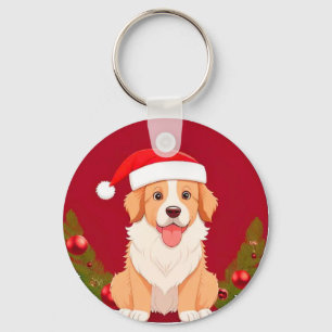 🐶 Festlicher Cartoon-Hund mit Weihnachtsmannmütze Schlüsselanhänger
