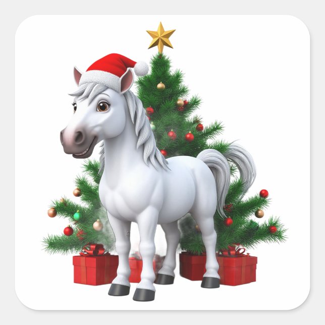 Festlicher Cartoon Pony in Weihnachtsmannmütze Quadratischer Aufkleber (Vorderseite)