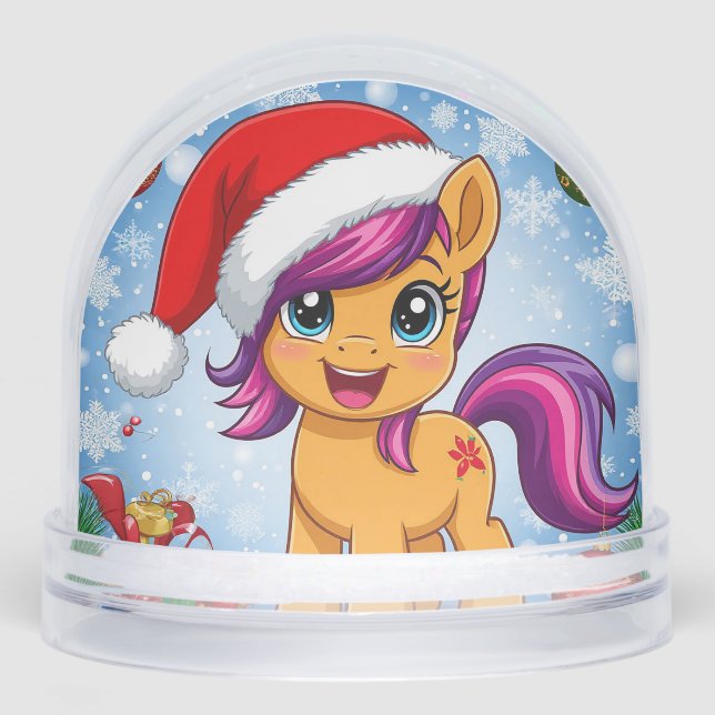 Festlicher Cartoon Pony Wear Weihnachtsmannmütze Schneekugeln (Vorderseite)
