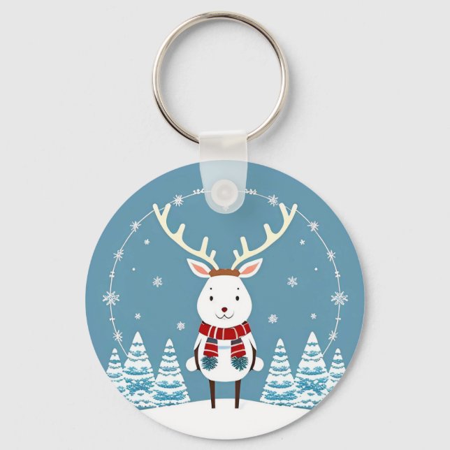 Festlicher Cartoon Rentier mit Scarf Schlüsselanhänger (Vorderseite)