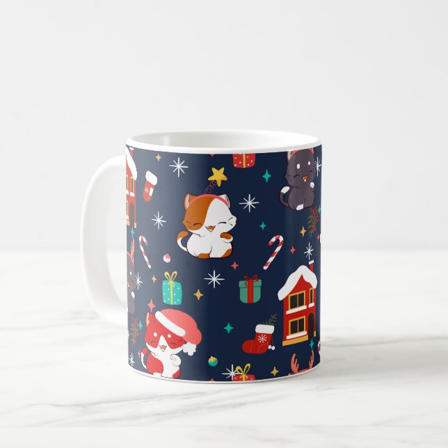 Festlicher Cartoon Santa Cat Feier Kaffeetasse (Vorderseite Links)