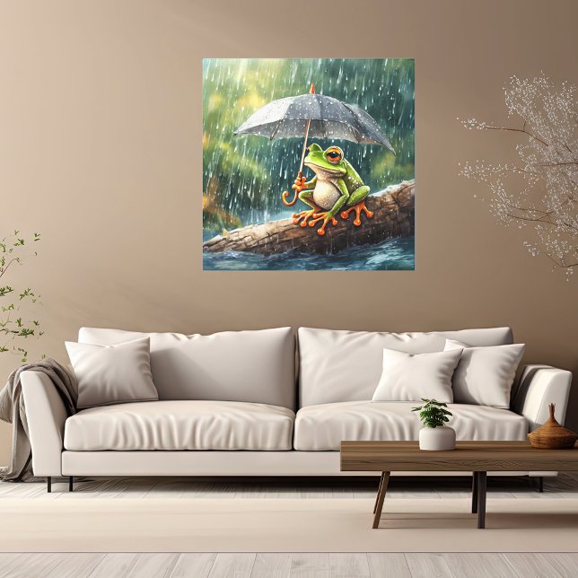 Festlicher Cottage Frog Wald Raine Day Art Leinwanddruck (Whimsical woodland cottagecore frog rainy day aesthetic canvas wall art print cozy living room decor)