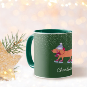 Festlicher Dachshund-Hund-Eislauf grüner Name-Mug Tasse