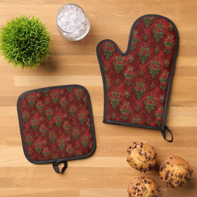 Festlicher Damast  Ofenhandschuh & Topflappen-Set (Oben Unten)