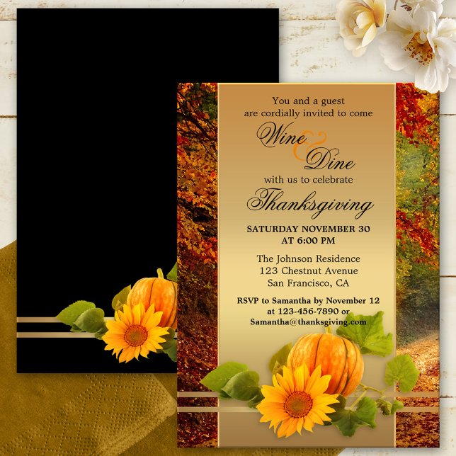 Festlicher Erntedank oder Herbstabend Party Einladung (Festive Thanksgiving or Fall Celebration dinner party invitation featuring a pumpkin and sunflower )
