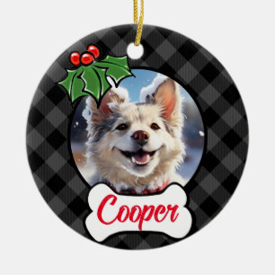 Festlicher Feiertag Graue Karierte Holly Beries Bl Keramik Ornament