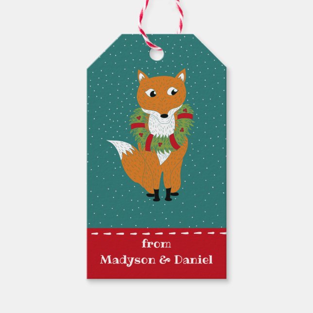 Festlicher Fox mit Weihnachtskranz Personalisiert Geschenkanhänger (Vorderseite)