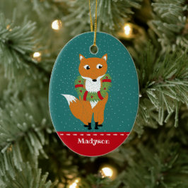 Festlicher Fox mit Weihnachtskranz Personalisiert Keramik Ornament