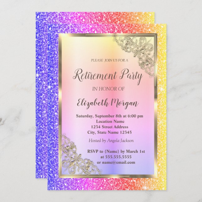 Festlicher Goldrahmen, farbenfrohe Glitzer-Rente Einladung (Vorne/Hinten)