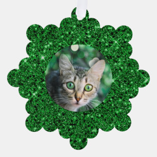 Festlicher grüner Glitzer Personalisierte Katze Ornament Karte