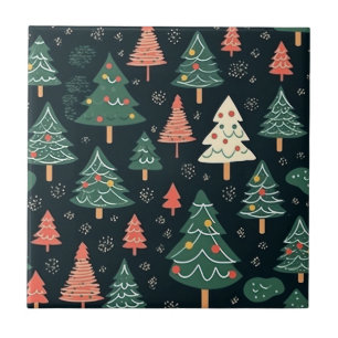 Festlicher grüner und korallenroter Weihnachtsbaum Fliese