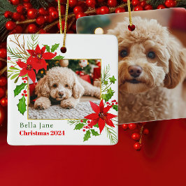 Festlicher Hund Foto Weihnachten Rote Poinsettia B Keramikornament