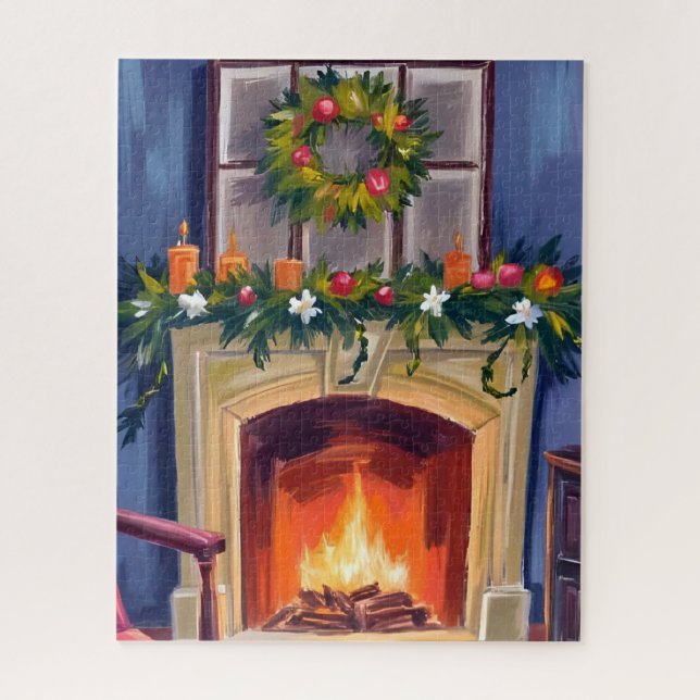 Festlicher Kamin-Weihnachtskranz Wasserfarben Puzzle (Vertikal)