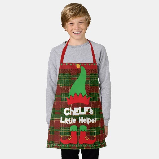 Festlicher Koch Elf Little Helper Red Green Tartan Schürze (Getragen)