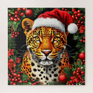 Festlicher Leopard mit Weihnachtsmannmütze Puzzle