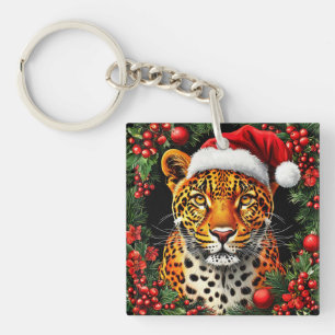 Festlicher Leopard mit Weihnachtsmannmütze Schlüsselanhänger
