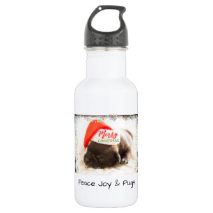 Festlicher Mops in Roter Weihnachtsmannmütze mit W Trinkflasche
