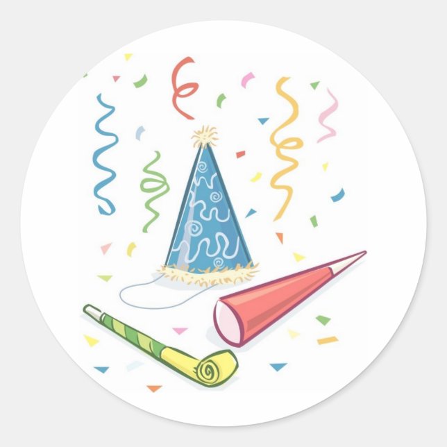 Festlicher Party-Hut mit Noisemakern Runder Aufkleber (Vorderseite)