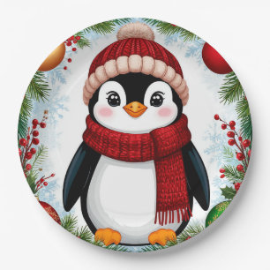 Festlicher Pinguin, dekoriert mit Weihnachtsdekora Pappteller