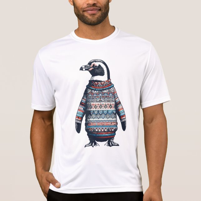 Festlicher Pinguin in einem farbenfrohen Pullover (Vorderseite)