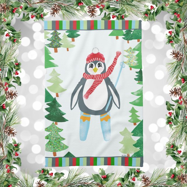 Festlicher Pinguin Skifahren Weihnachtsdesign Geschirrtuch (Winter Holiday Penguin Skiing on a Mountain Of Christmas Trees Kitchen Towel)
