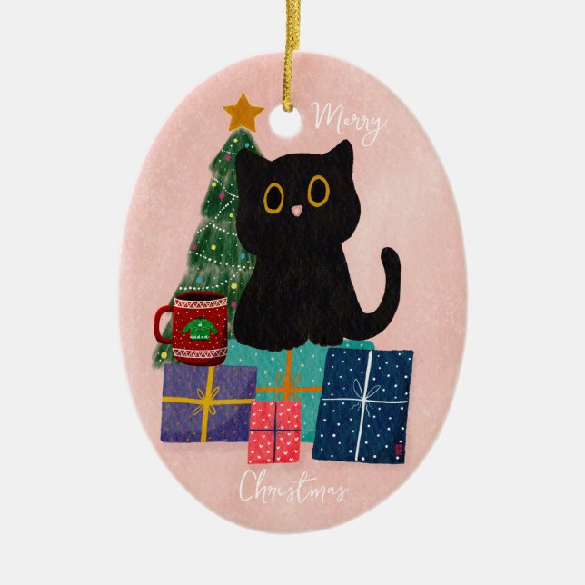 Festlicher Pink Frohe Weihnachten Niedlicher Black Keramik Ornament (Vorne)