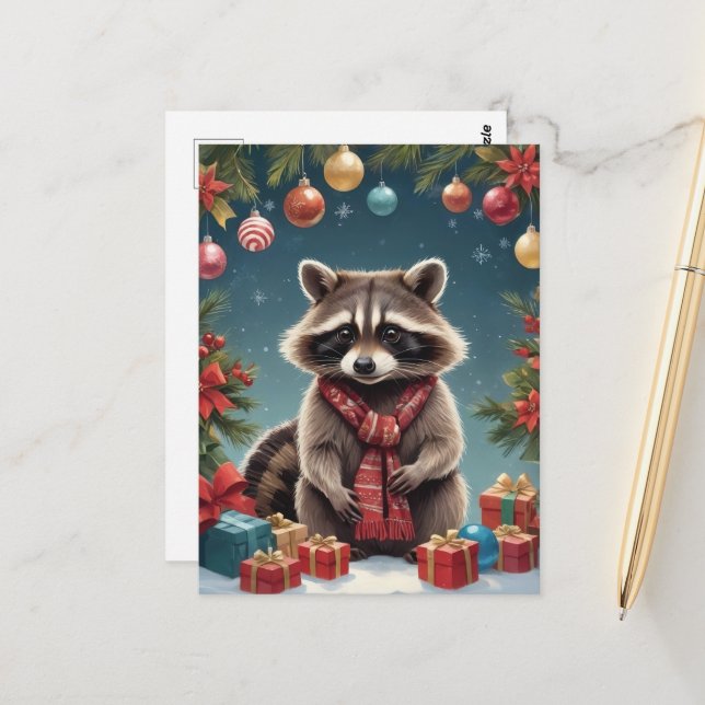 Festlicher Raccoon in Weihnachtsbeleuchtung Postkarte (Vorderseite/Rückseite Beispiel)