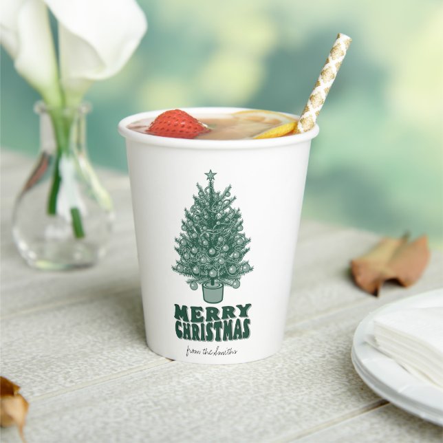 Festlicher Retro Grüner Weihnachtsbaum Pappbecher (In Situ)