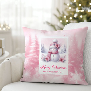 Festlicher rosa Schneemann Winterwald Kinderkissen Kissen