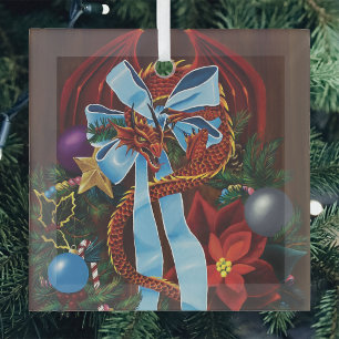 Festlicher roter Drache mit blauem Band Weihnachts Ornament Aus Glas