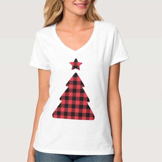 Festlicher Roter Karo Weihnachtsbaum T - Shirt (Vorderseite)