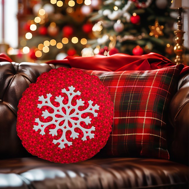 Festlicher Roter Schneeflocken Dekorative Akzent Rundes Kissen (Classic Red and White Snowflake Round Decorative Pillow)