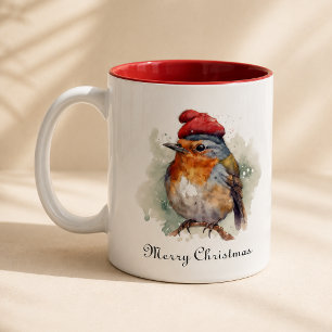Festlicher Rotkehlchen-Wasserfarben-Weihnachtskaff Zweifarbige Tasse