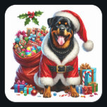 Festlicher Rottweiler mit Dressing in der Weihnach Quadratischer Aufkleber<br><div class="desc">Ein fröhlicher Rottweiler mit einer Weihnachtsmannmütze und einem roten Mantel mit weißem Schnitt sitzt neben einem großen Sack mit bunten Geschenken und Leckereien. Der Hintergrund ist mit Weihnachtsdekorationen geschmückt und schafft eine fröhliche Urlaubsatmosphäre.</div>