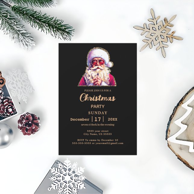 Festlicher Santa mit Brille Schwarzes Weihnachtsge Einladung (santa with glasses Black Christmas Party Invitation)