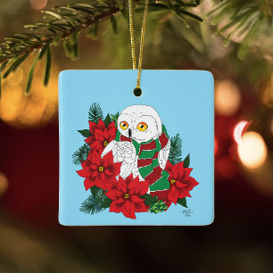 Festlicher Schneeeule Roter Weihnachtsstern Weihna Keramikornament