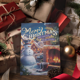 Festlicher Schneemann am Feuerplatz Postkarte