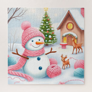 Festlicher Schneemann mit Hirschen in einem Winter Puzzle
