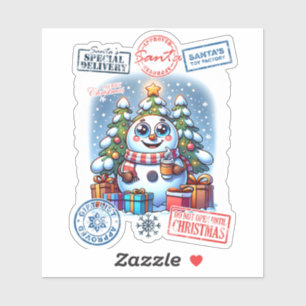 Festlicher Schneemann mit Weihnachtsgeschenken und Aufkleber