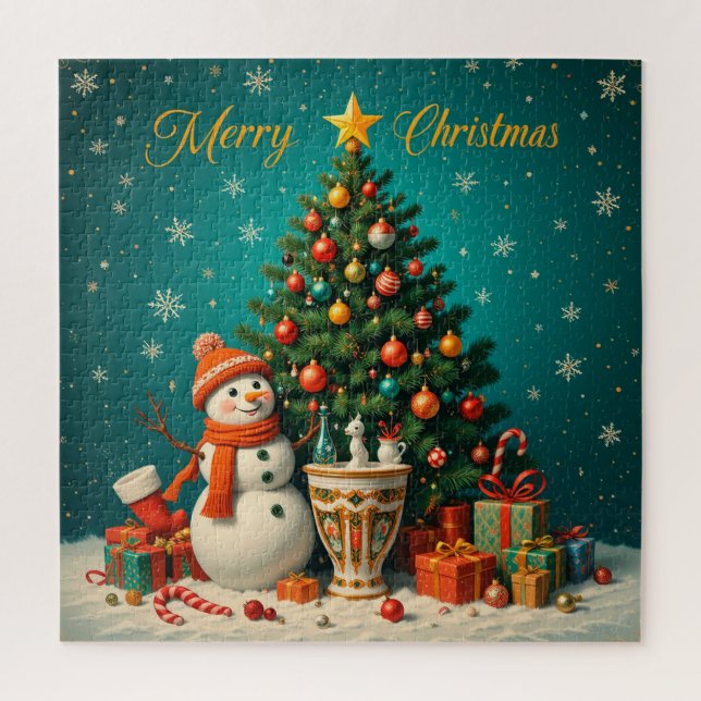 Festlicher Schneemann und Weihnachtsbaum mit Gesch Puzzle (Vertikal)