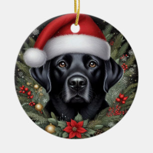 Festlicher schwarzer Labrador mit Weihnachtsmannmü Keramik Ornament