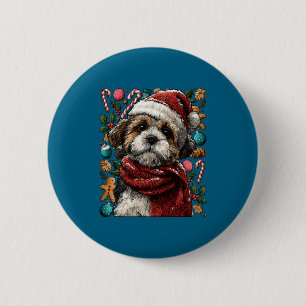 Festlicher Shih Tzu mit Santa-Hut Schneeiger Winte Button