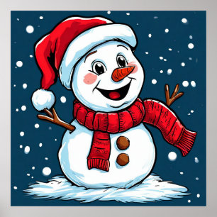Festlicher Snowman-Cartoon mit Weihnachtsmannmütze Poster
