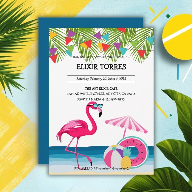 Festlicher Sommer Strand Pink Flamingo Baby Dusche Einladung (Von Creator hochgeladen)